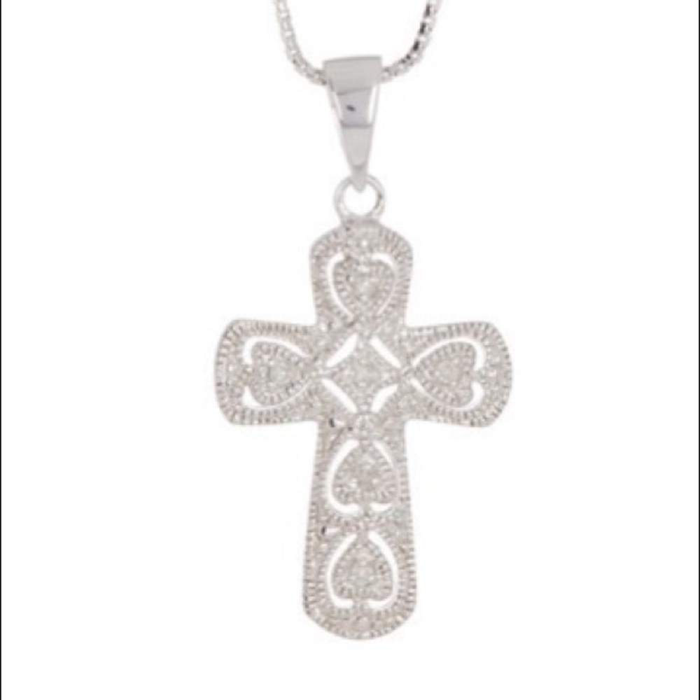 Savvy Cie Silver Filigree & Diamond Cross Necklace